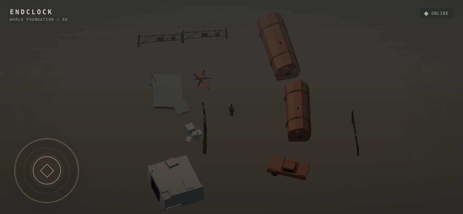 ENDCLOCK gameplay capture showing a survivor among rusted industrial tanks, damaged buildings and an abandoned car