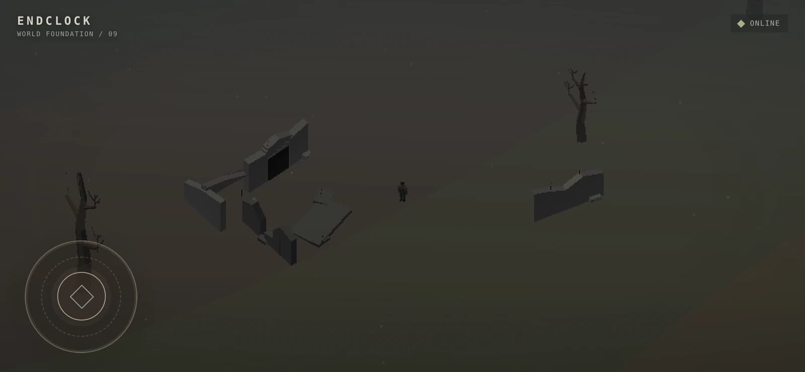 ENDCLOCK gameplay capture showing a survivor in the remains of a suburb with broken walls and leafless trees