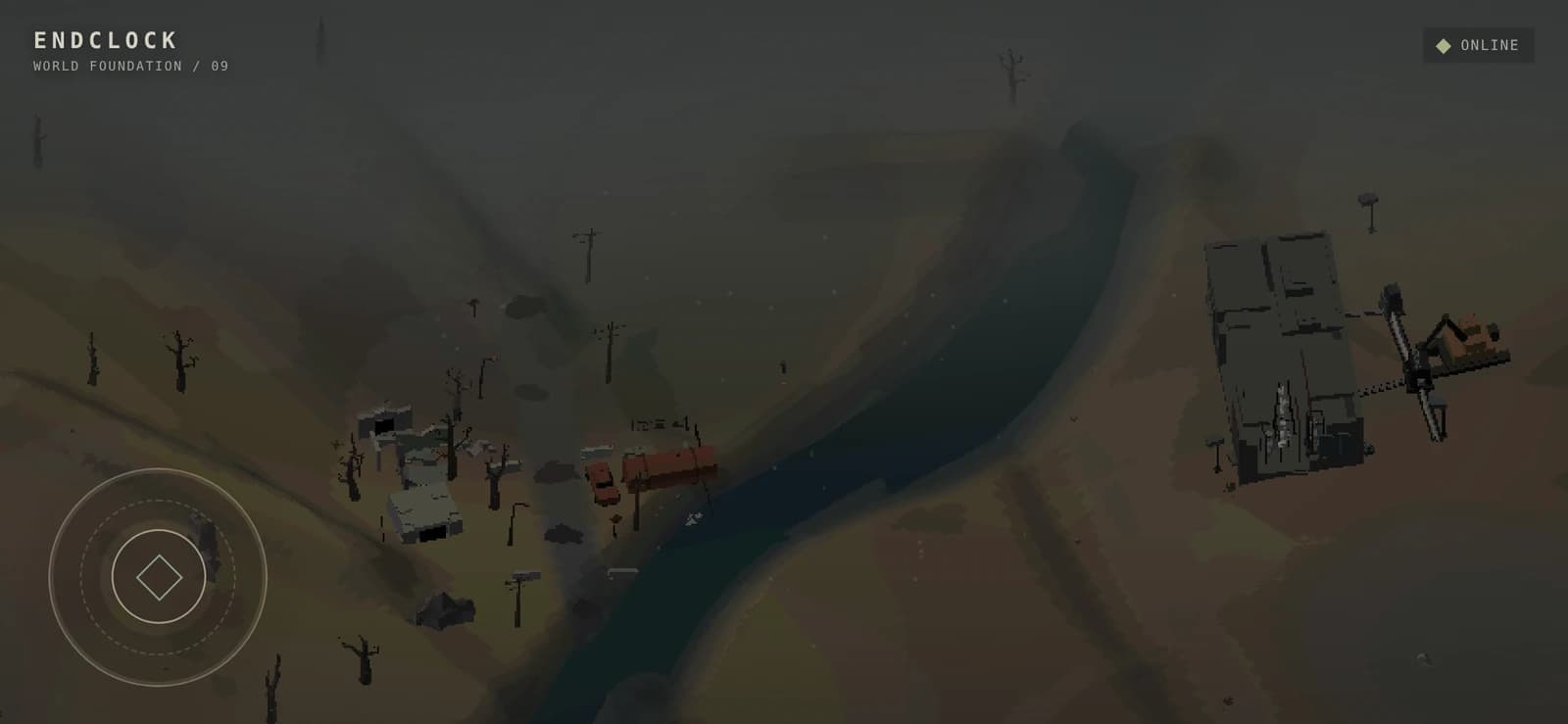 ENDCLOCK gameplay capture showing a river through an abandoned starting area with concrete ruins, a truck and bare trees
