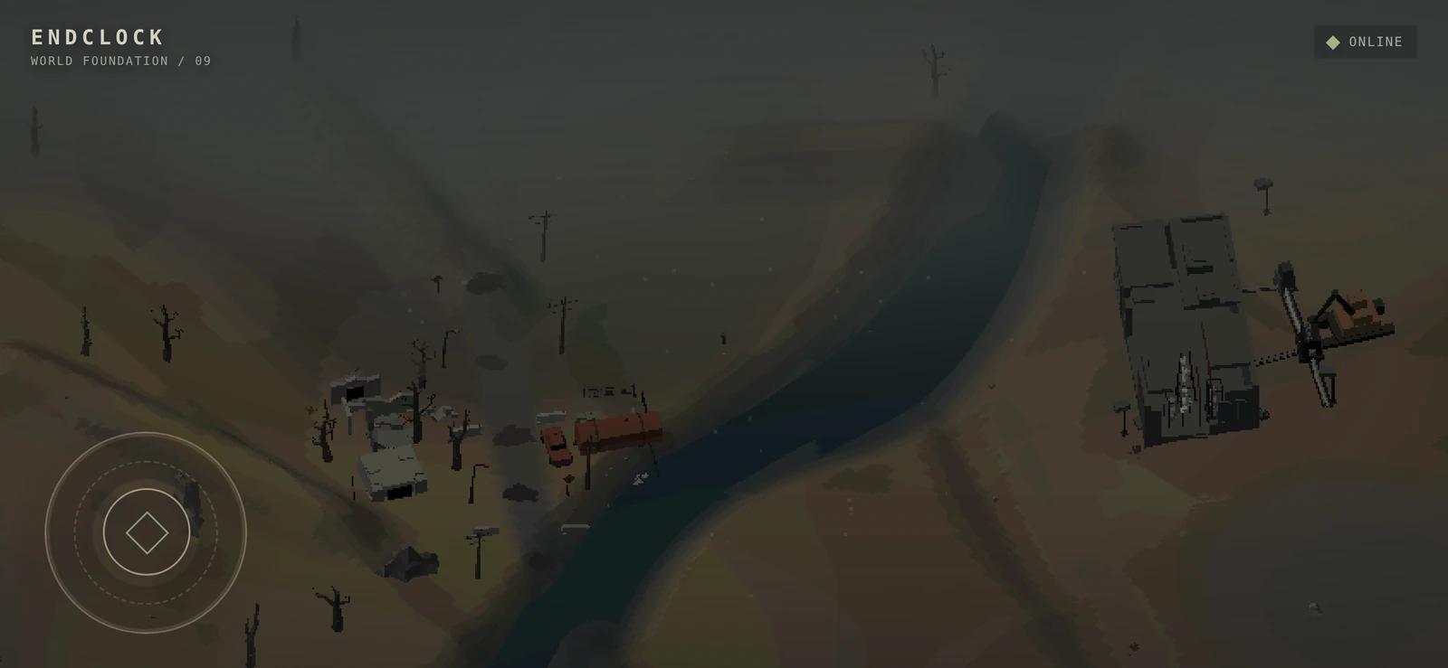 ENDCLOCK gameplay capture showing a river through an abandoned starting area with concrete ruins, a truck and bare trees